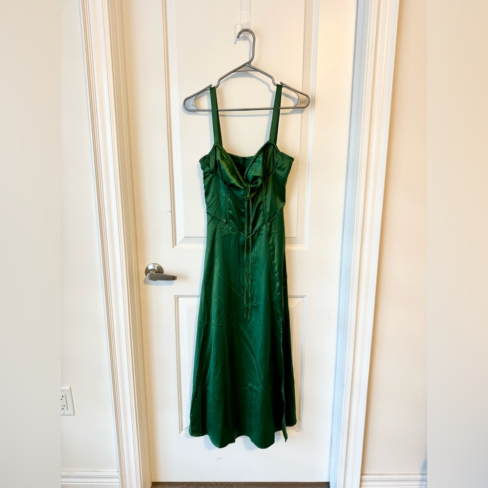 Emerald Forest Green Satin Midi Dress with Boning!!